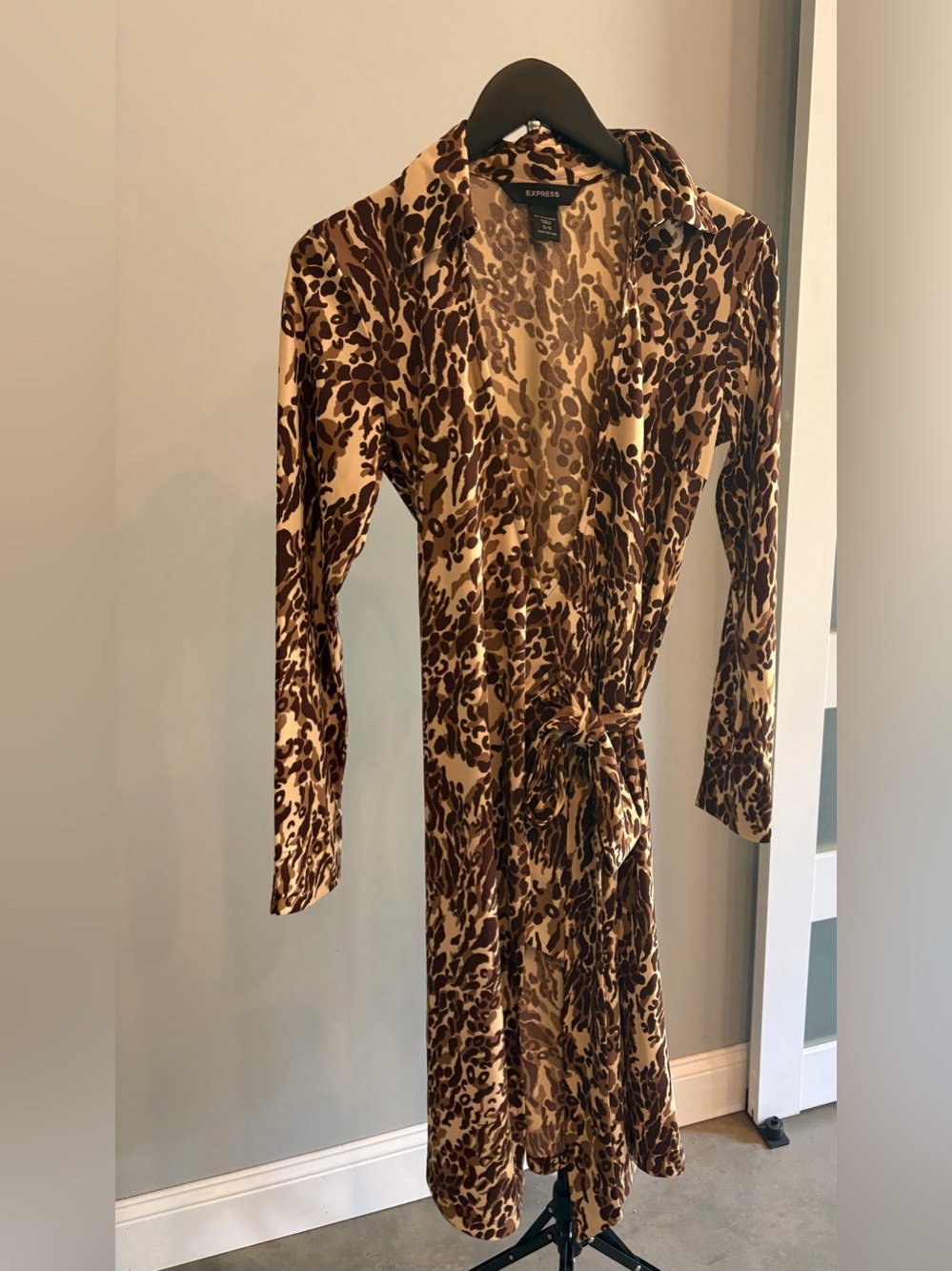 Express Brown and Cream Leopard-Print Wrap Dress